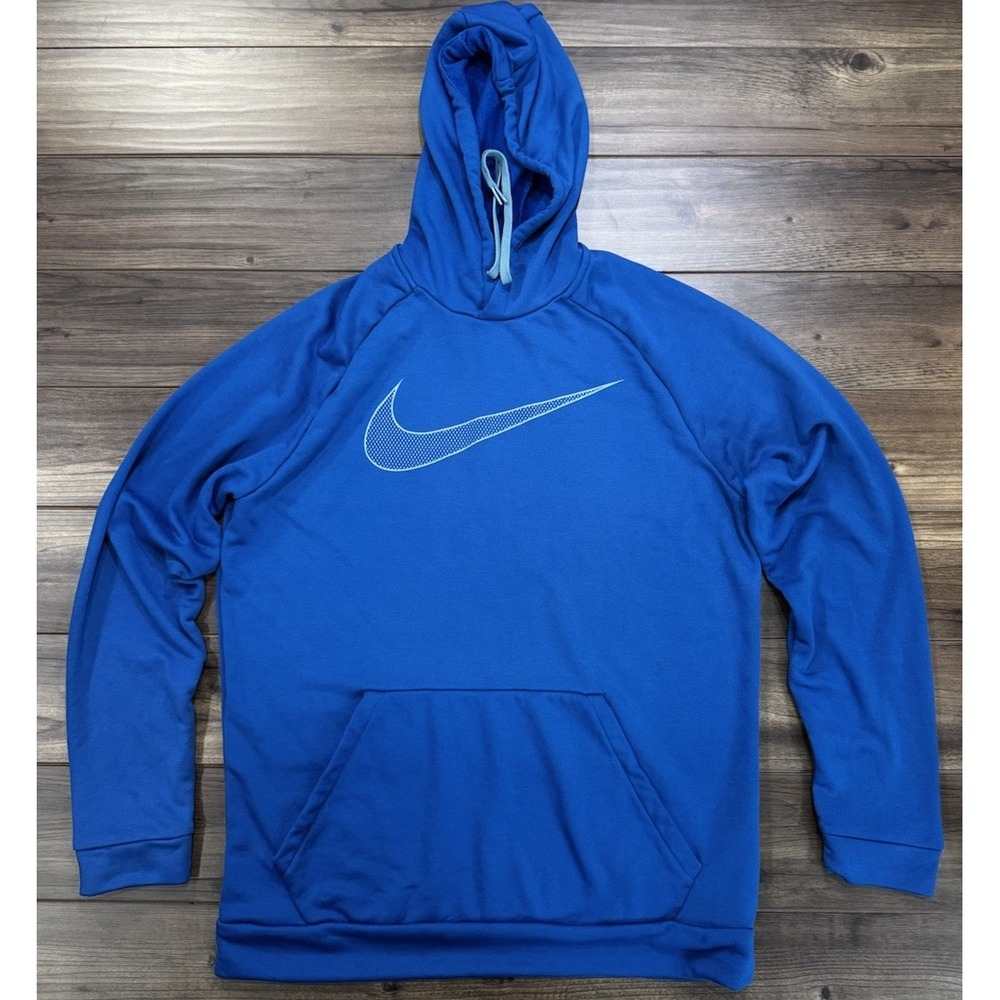 Nike Dri-Fit White Mens Blue Large Swoosh Sweatshirt Hooded Logo Men's L